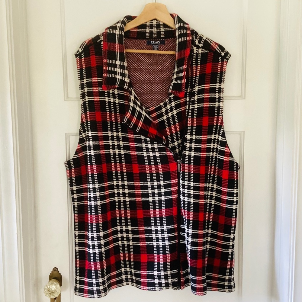 CHAPS Ralph Lauren Red Tartan Plaid Sweater Knit Cotton zip Vest Plus Size 2X